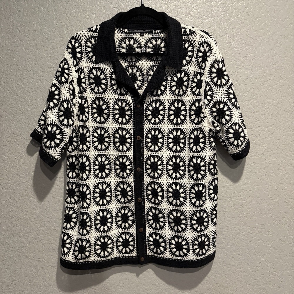 MAJOR LABEL GROUP Crochet Button Front Short Sleeve Shirt Mens Lg Boho Retro Y2K